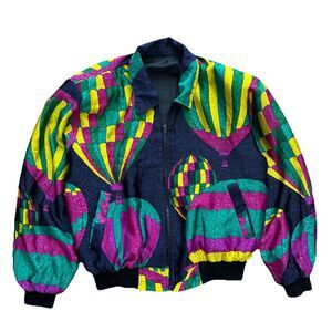 Vintage 80s Hot Air Balloon Jacket Womens L Cropped Bomber Colorful Korea